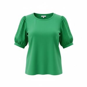 CeCe Women's Short Puff Sleeve Mixed Media Knit Top Lush Green Size XL Clip Dot